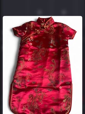 Girls' Red Satin Dragon Qipao Dress with Gold Embroidery